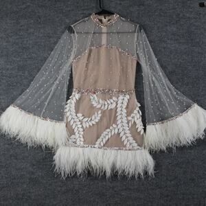 Sandra Mansour Dress Medium Embellished Tulle Mini Pearl Feather Party Luxury